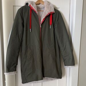 Olive Green Sherpa-Lined Hooded Parka with orange Trim